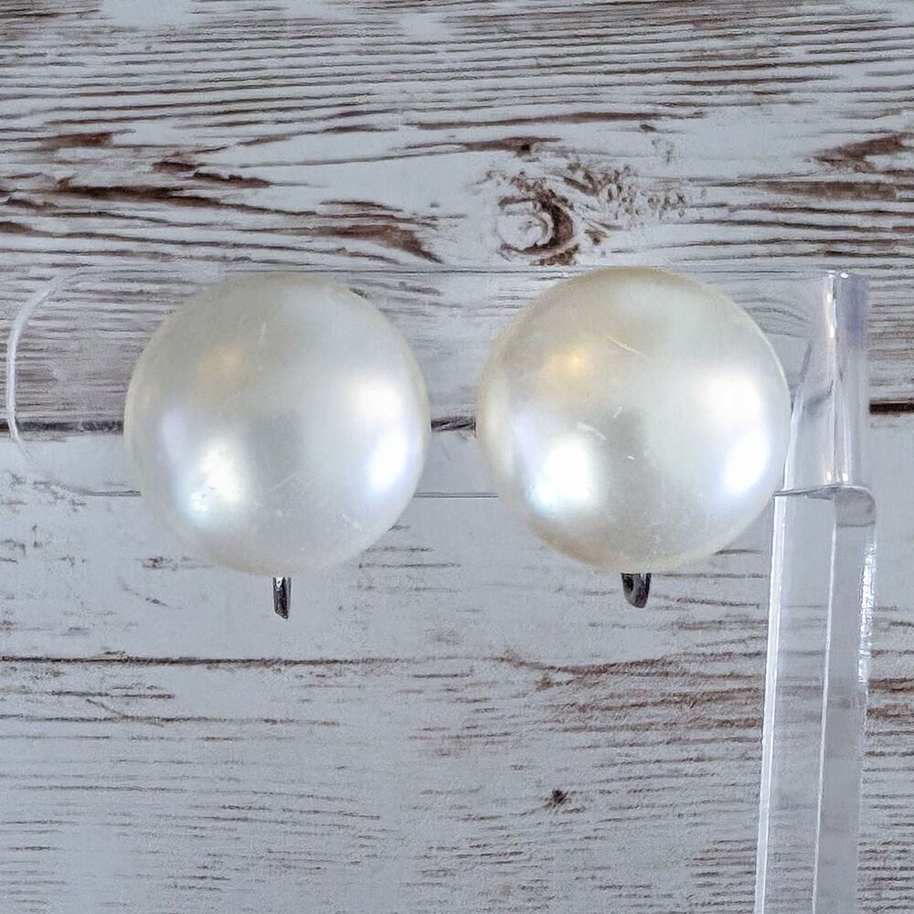 Vintage Clip On Earrings 0.75" Domed Faux Pearl with Screw To Tighten